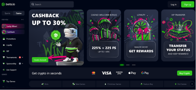 Bets.io fast payout crypto casino homepage with sportsbook integration