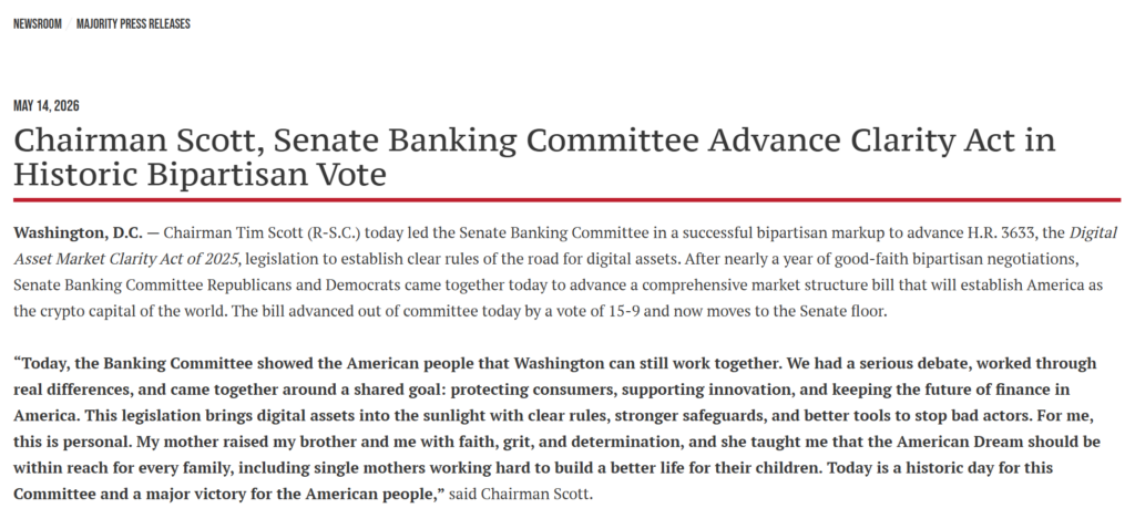Senate Banking Committee Advances CLARITY Act in Bipartisan Vote