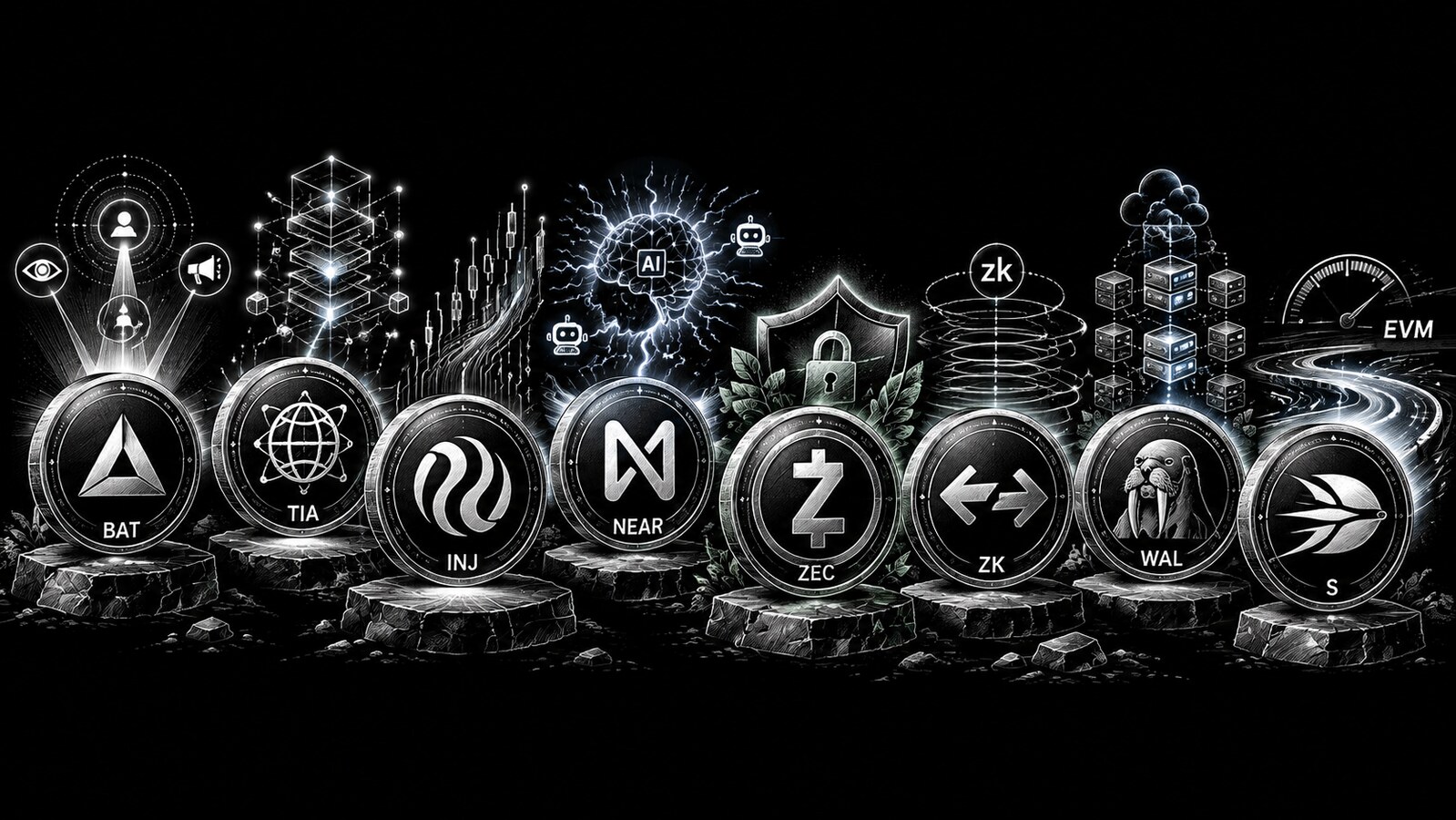White pencil sketch on black of the Shiny Coins #28 coins: BAT, TIA, INJ, NEAR, ZEC, ZK, WAL and Sonic