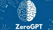 A blue tech-themed image showing the ZeroGPT logo below a stylized white brain, half circuit board and half human brain, symbolizing AI detection and digital content verification.