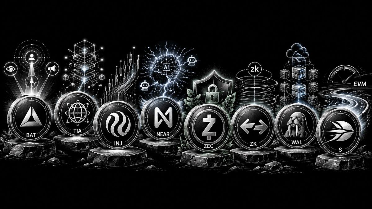 White pencil sketch on black of the Shiny Coins #28 coins: BAT, TIA, INJ, NEAR, ZEC, ZK, WAL and Sonic